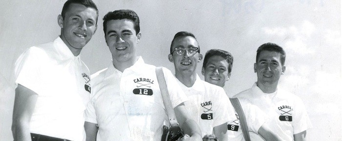 black and white photo of five male ִ˰appԼ athletes